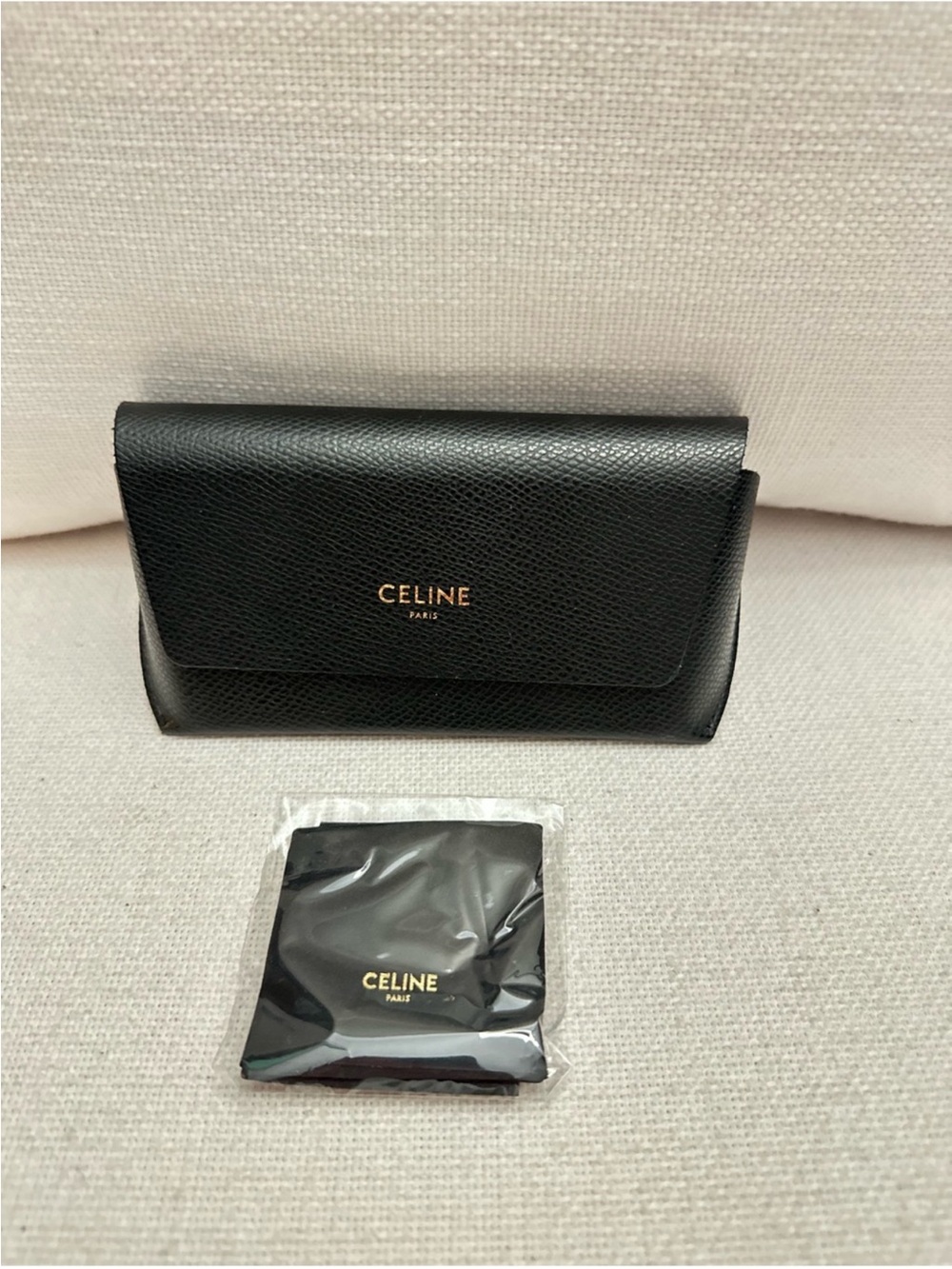Celine Black Leather Sunglass case Gold Logo